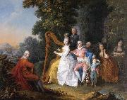unknow artist An elegant party in the countryside with a lady playing the harp and a gentleman playing the guitar France oil painting artist